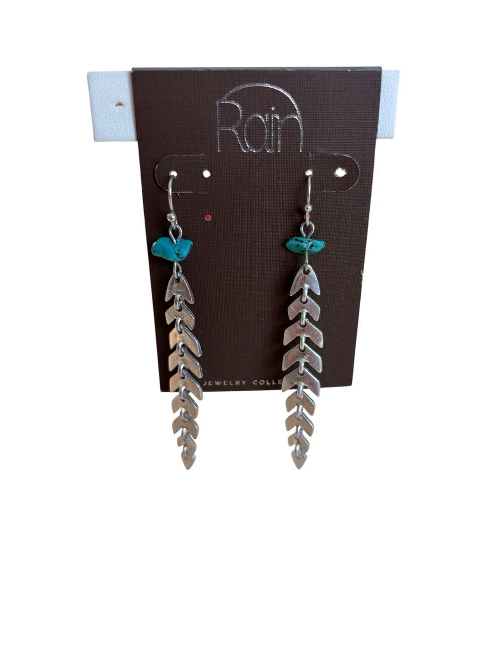 Silver Toned Chevron Designed Drop Earrngs w/ Faux Turquoise Gemstone Accent.